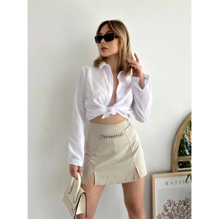 Zincir detaylı çizgili şort etek