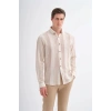 2007 Dik Çizgi Desenli Keten Uzun Kollu Erkek Gömlek Bej
