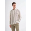 2007 Dik Çizgi Desenli Keten Uzun Kollu Erkek Gömlek Nefti