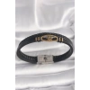 316L Çelik Gold Renk Gemi Dümen Figür Siyah Renk Çift Sıra Burgu Desenli Deri Kordon Erkek Bileklik