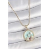 316L Çelik Gold Renk Zincir Mavi Mineli İnci Çiçek İşlemeli Zirkon Taş Detaylı Madalyon Model Kadın Kolye