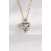 316L Çelik Zincir Altın Renk Zirkon Taşlı Mavi Mor Renkli Kalp Figür Kolye