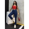 Düz Orta Kadın Mavi Slim Fit Mom pantolon