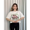 Oversize Beyaz Baskılı Crop Kadın T-Shirt