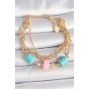 Pirinç Gold Renk Çoklu Zincir Model Mavi Taş Figürlü Kadın Bileklik