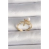 Pirinç Gold Renk Zirkon Taşlı Deniz Yıldızı Model İnci Detay Ayarlababilir Yüzük