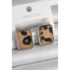 Pirinç Gümüş Renk Leopar Desenli Kare Model Kadın Küpe