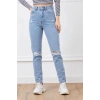 Yüksek bel yırtmaçlı mom jean pantolon