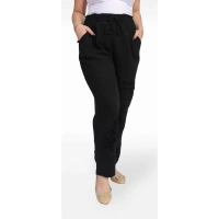 125001 Paçası Yırtmaçlı Püskül Detaylı Beli İpli Kadın Müslin Pantolon Siyah