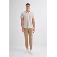 2002 Örme Apaş Yaka Kısa Kolle Erkek Gömlek Ekru