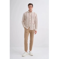 2007 Dik Çizgi Desenli Keten Uzun Kollu Erkek Gömlek Bej
