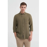 2024 Uzun Kollu Müslin Kumaş Erkek Gömlek Haki