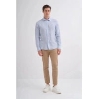 2037 Regular Fit Uzun Kollu Saf Keten Erkek Gömlek Açık Mavi