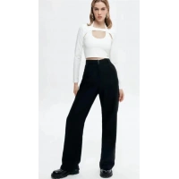 23K71073 Yüksek Bel İspanyol Paça Kumaş Pantolon