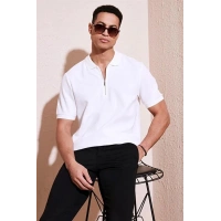 2570 Fermuarlı Polo Yaka Merselize Kumaş Kolu Ve Beli Lastikli Erkek TShirt Beyaz