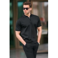 2570 Fermuarlı Polo Yaka Merselize Kumaş Kolu Ve Beli Lastikli Erkek TShirt Siyah