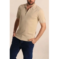 2570 Fermuarlı Polo Yaka Merselize Kumaş Kolu Ve Beli Lastikli Erkek TShirt Taş