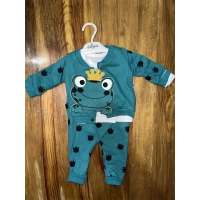 3-12 Aylık Kurbağa Desenli Üçlü Takım Koyumavi