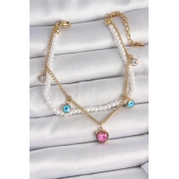 316L Çelik Gold Renk 2Li İncili Zincir Sallantı Pembe Kalp Model Nazar Boncuk Detay Kadın Bileklik