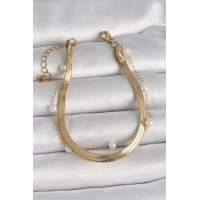 316L Çelik Gold Renk 2Li İtalyan Zincir Model İnci Detay Kadın Bileklik