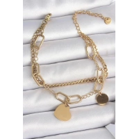 316L Çelik Gold Renk 2Li Zincir Model Sallantı Kalp Figür Kadın Bileklik