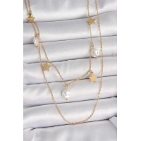 316L Çelik Gold Renk 2Li Zincir Sallantı Yıldız İnci Model Kadın Kolye