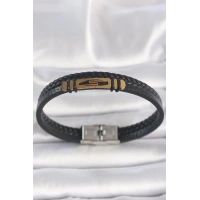 316L Çelik Gold Renk Aksesuarlı Çift Sıra Siyah Burgu Desenli Deri Kordon Erkek Bileklik