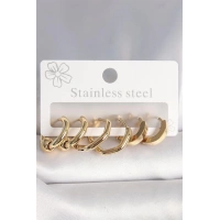 316L Çelik Gold Renk Altıgen Halka Model Kadın Küpe Seti