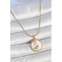 316L Çelik Gold Renk Beyaz Mineli İncili Çiçek İşlemeli Portre Model Kadın Kolye