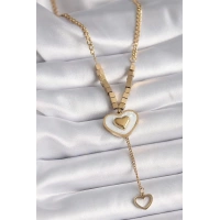 316L Çelik Gold Renk Beyaz Sedefli Kalp Model Sallantı Detay Kadın Kolye