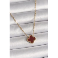 316L Çelik Gold Renk Bordo Yonca Model Kadın Kolye