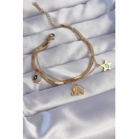 316L Çelik Gold Renk Çift Zincir Çoklu Aksesuarlı Bileklik