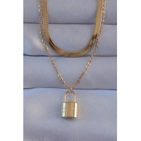 316L Çelik Gold Renk Çift Zincir Kilit Model Kolye