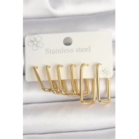 316L Çelik Gold Renk Dikdörtgen Model Kadın Küpe Seti