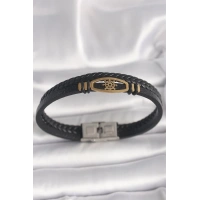 316L Çelik Gold Renk Gemi Dümen Figür Siyah Renk Çift Sıra Burgu Desenli Deri Kordon Erkek Bileklik