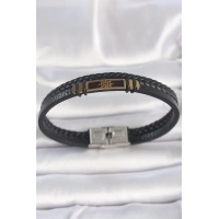 316L Çelik Gold Renk Gemi Dümeni Aksesuarlı Çift Sıra Burgu Desenli Deri Kordon Erkek Bileklik