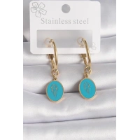 316L Çelik Gold Renk Halka Model Mavi İşlemeli Detay Kadın Küpe