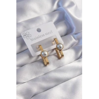 316L Çelik Gold Renk İnci Taşlı Dikdörtgen Model Küpe