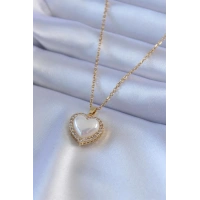 316L Çelik Gold Renk İncili Kalp Model Zirkon Taşlı Kadın Kolye