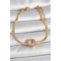 316L Çelik Gold Renk İtalyan Zincir Pembe Zirkon Taşlı Kalp Model Kadın Bileklik
