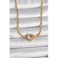 316L Çelik Gold Renk İtalyan Zincir Pembe Zirkon Taşlı Kalp Model Kadın Kolye