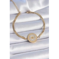 316L Çelik Gold Renk İtalyan Zincir Zirkon Taşlı Göz İşlemeli Madalyon Model Kadın Bileklik