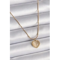 316L Çelik Gold Renk Kedi Gözü Sedefli Kalp Model Kadın Kolye