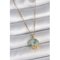 316L Çelik Gold Renk Mavi Taşlı Deniz Anası Model İnci Detay Kadın Kolye