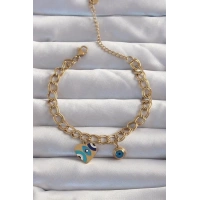 316L Çelik Gold Renk Nazarlı Kalp Model Zincir Bileklik