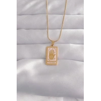 316L Çelik Gold Renk Pembe Mineli El Figür Tarot Kolye