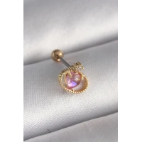 316L Çelik Gold Renk Pembe Mineli Kalp Zirkon Taş Detay Tragus Piercing