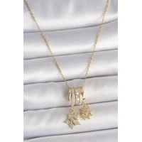 316L Çelik Gold Renk Sallantı Zirkon Taşlı Yıldız Güneş Figür Charm Kadın Kolye