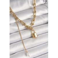 316L Çelik Gold Renk Tiffany Zincir Model Kilit Figür Sallantı İnci Detay Kadın Kolye