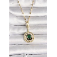 316L Çelik Gold Renk Topçuk Zincir Yeşil Taşlı Seranay Model Kadın Kolye